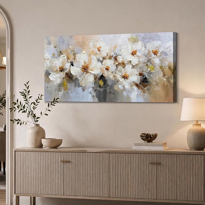 Acocifi Canvas Painting Vintage White Floral Wall Art 40"x20" | textured Flowers picture artwork for wall, beige grey abstract botanical, living room bedroom hallway office home decoration