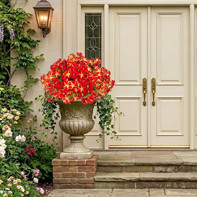 Daynight Faux Petunias Artificial Flowers Plants for Outdoor Plant Decoration,Fake Petunias Realistic Silk Flowers for Porch Yard Garden Window Indoor Decor. (16, Red)