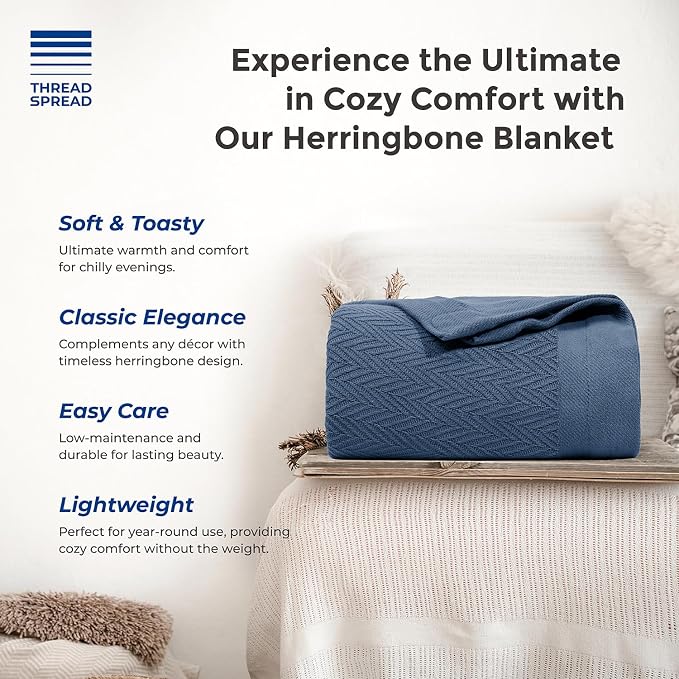 THREAD SPREAD Organic GOTS Cotton Blanket, Full/Queen - 350 GSM, Antistatic, Fuzzy Soft, Lightweight, Sofa, Camping & Travel, Perfect Herringbone All Seasons Throw, Medium Blue with Free Tote Bag