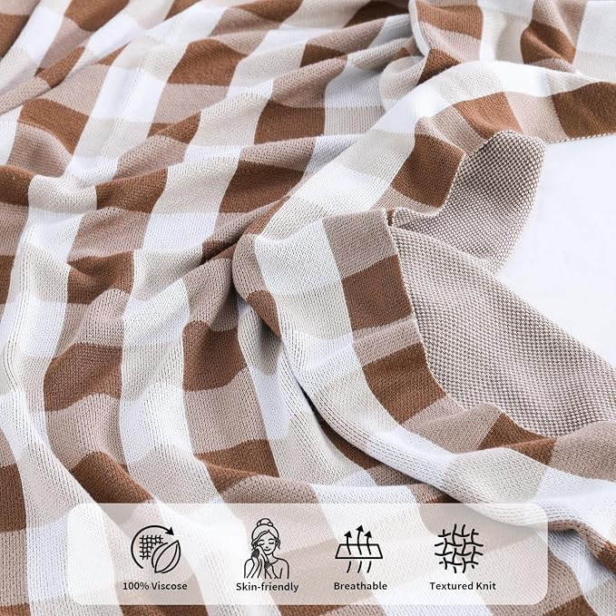 BOV Knit Checkered Throw Blanket - 100% Viscose Silky Super Soft Breathable Lightweight Decorative Throw Blanket for Year-Round Comfort, Perfect Self Care Gifts for Women & Men, Latte 50"x60"