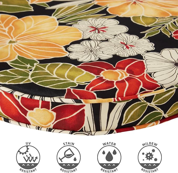 Set of 2 Outdoor 18 inch Round Patio Dining Chair Pads – Comfortable Fiber-Filled Seat Cushions with Ties, Reversible Polyester Fabric, Aloha Black Floral