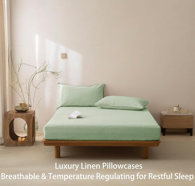 Talasily 100% French Linen Pillow Case King Size Set of 2,Oeko-TEX Certified Stone Washed Flax Pillow Shams with Envelope Closure - Breathable & Cooling for Hot Sleepers（Sage Green,20''x36''）