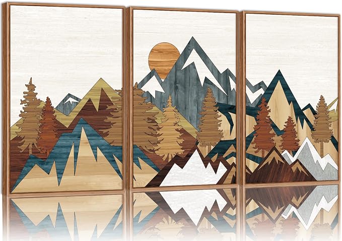 SIGNINART Vintage Mountain Framed Canvas Wall Art, Boho Sunrise Art Prints, Forest Nature Wilderness Art Paintings, Modern Farmhouse Woodcut Style Wall Decor for Living Room Bedroom, Office 16"x24"x3