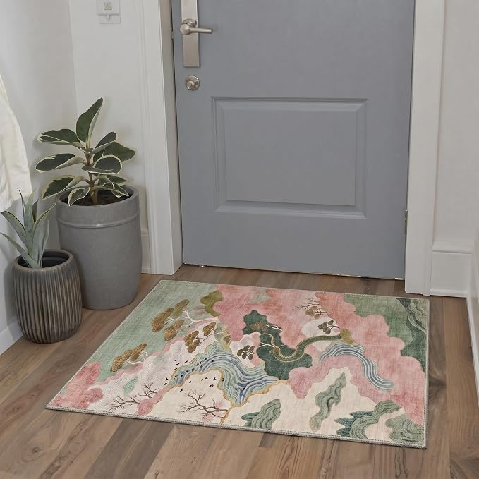 BEIMO Runner Rug for Hallway Kitchen, 2x5 Machine Washable Runners Rug for Entryway, Soft Modern Abstract Throw Rugs, Low Pile Floor Cover with Non Slip Backing, Sage Pink
