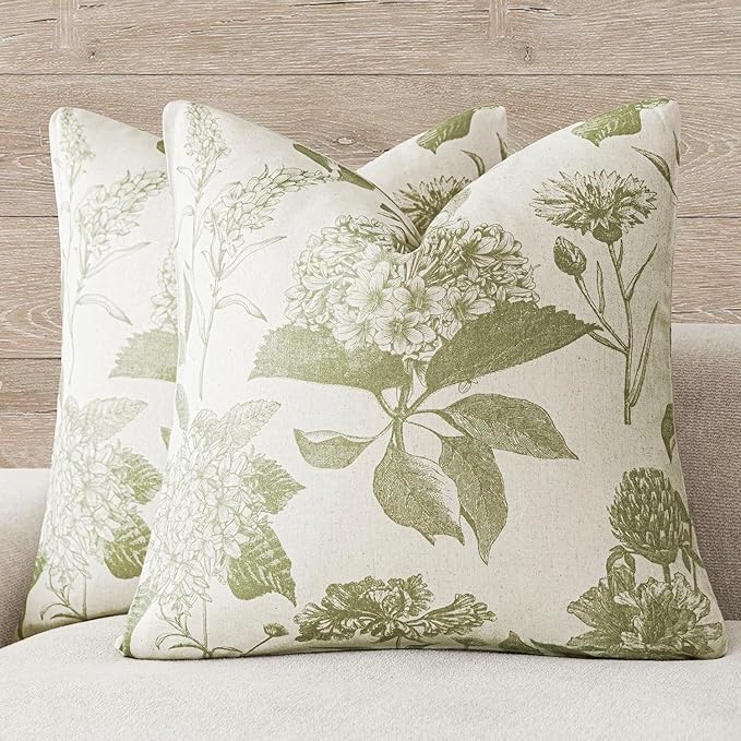 Foindtower Set of 2 Linen Floral Throw Pillow Covers Vintage Accent Print Decorative Cozy Cushion Covers Farmhouse Boho Home Decor for Sofa Chair Couch Bedroom Living Room,22×22 Inch,Light Green