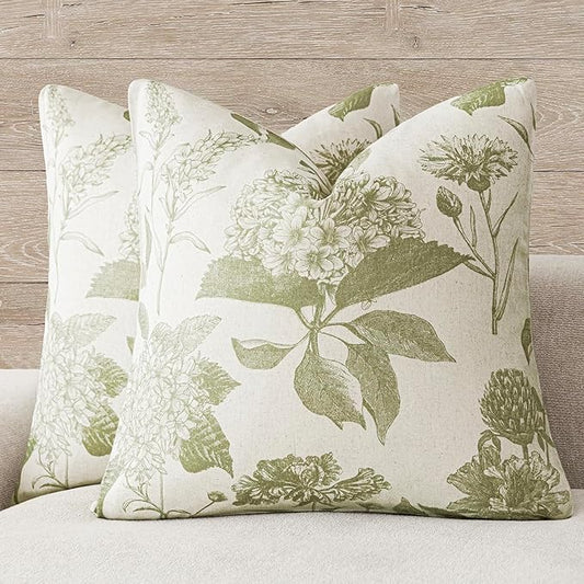 Foindtower Set of 2 Linen Floral Throw Pillow Covers Vintage Accent Print Decorative Cozy Cushion Covers Farmhouse Boho Home Decor for Sofa Chair Couch Bedroom Living Room,18×18 Inch,Light Green