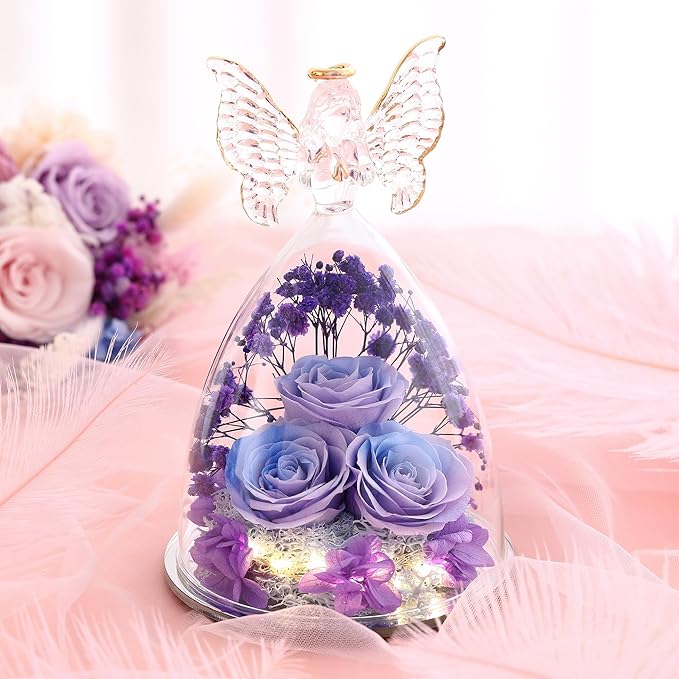 Mothers Day Rose Gifts for Women Preserved Real Flower in Glass Angel Figurines Roses for Delivery Prime Birthday Gifts for Mom Grandma Girlfriend Wife Her, BluePurple