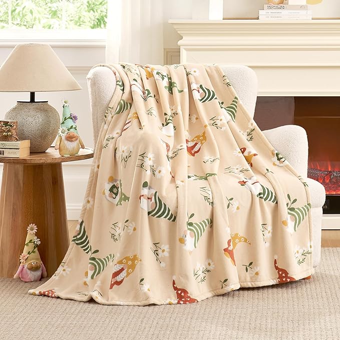 Cozy Bliss Gnome Spring Throw Blanket - Garden Daisy Floral Design, Warm MilkyPlush Throw Blankets, Ultra Soft Cozy Blankets for Couch, Sofa and Bed, Beige, 50X60inches
