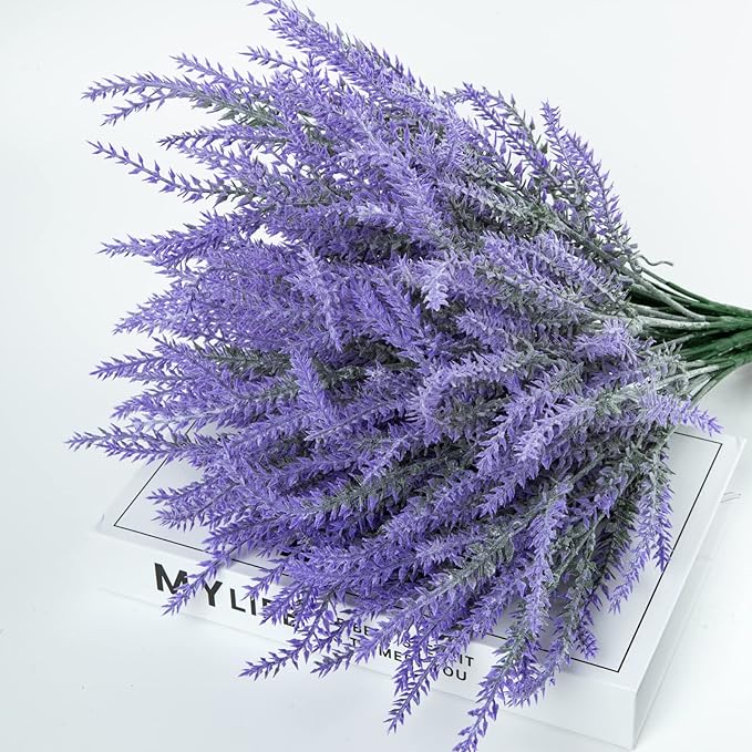 Ouddy Decor 24 Bundles Artificial Lavender Fake Flowers Faux Plastic Plants for Home Wedding Kitchen Garden Patio Window Box Office Table Centerpieces Indoor Outdoor Decor, Gray Purple