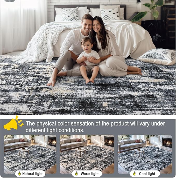 Area Rugs 9x12 Living Room - Washable Rug Modern Abstract Soft Large Neutral Non-Slip Carpet Indoor Floor Thin Carpets for Bedroom Dining Room Farmhouse Nursery Home Office Black Gold