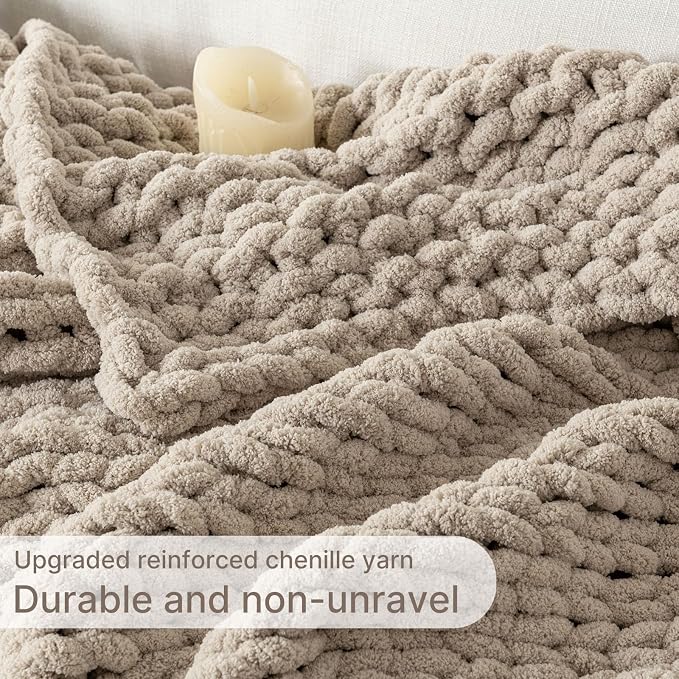 Chunky Knit Blanket Throw, 100% Hand Knit Throw Blanket Handmade Chenille Cable Knit Throw for Couch, Stylish Cozy Soft Rope Knot Crochet Blanket for Home Decor, Beige Linen, 60x80 Inches