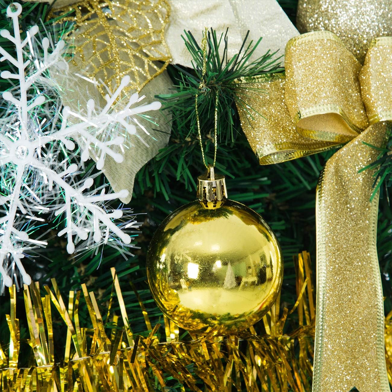 Sunnyglade 94 PCS Christmas Tree Ornaments Set with Glitter Poinsettia, Bows, Ribbons, Leaves & Assorted Decoration Ball for Xmas Tree Holiday Wedding Party Decorations (Golden)