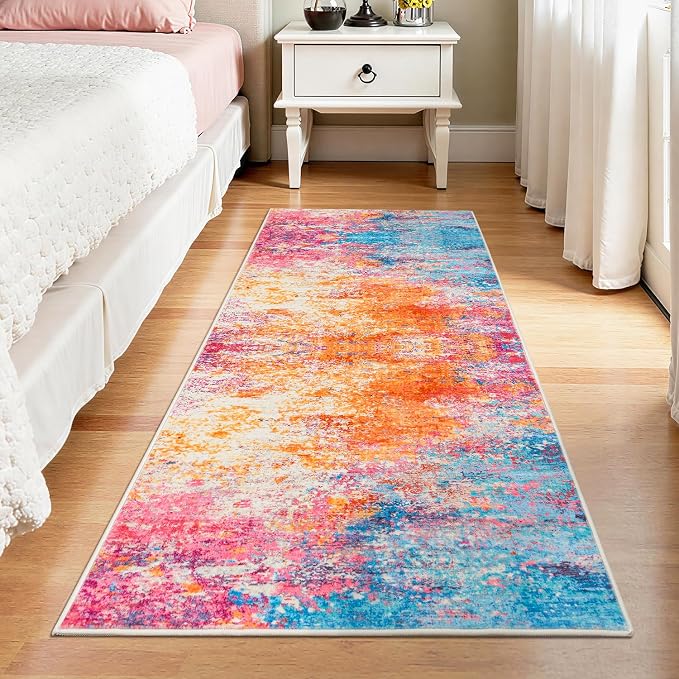Rugflix 2x8 Runner Rug for Entryway, Kitchen Rugs Soft Non-Slip Washable Runners for Hallway, Abstract Small Carpet with Non-Slip Backing for Bedroom, Living Room, Rainbow