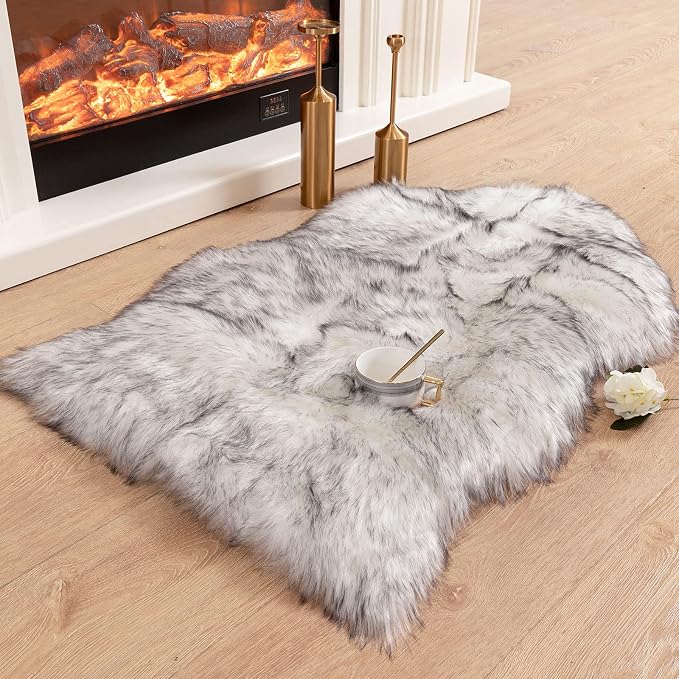Carvapet Luxury Faux Sheepskin Chair Cover - Soft Plush Fur Seat Pad Skid-Resistant Fluffy Area Rug for Desk Armchair Bedroom Decor Black White 2x3 Feet