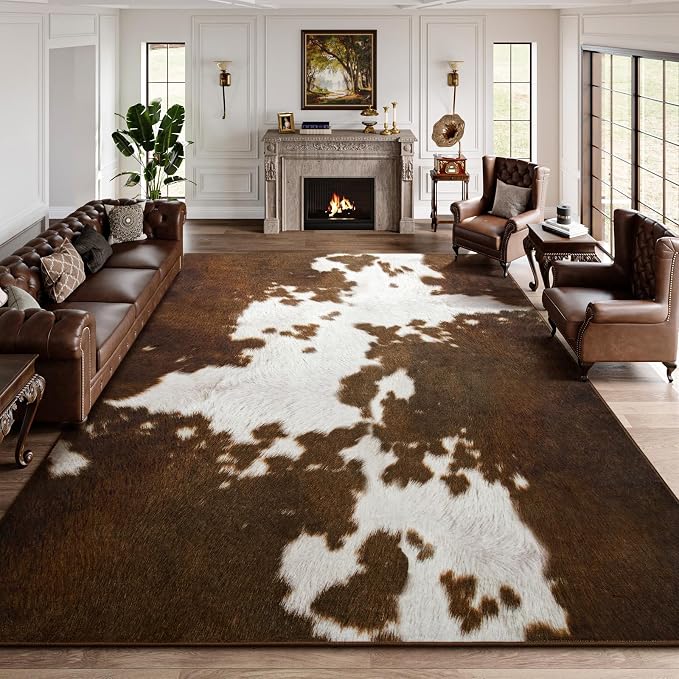 DweIke Cow Print Rugs for Living Room, 6x9 Large Soft Faux Animal Cowhide Area Rug, Washable Non-Slip Stain Resistant Throw Carpet for Dining Room Office Western Home Decor, Light Brown