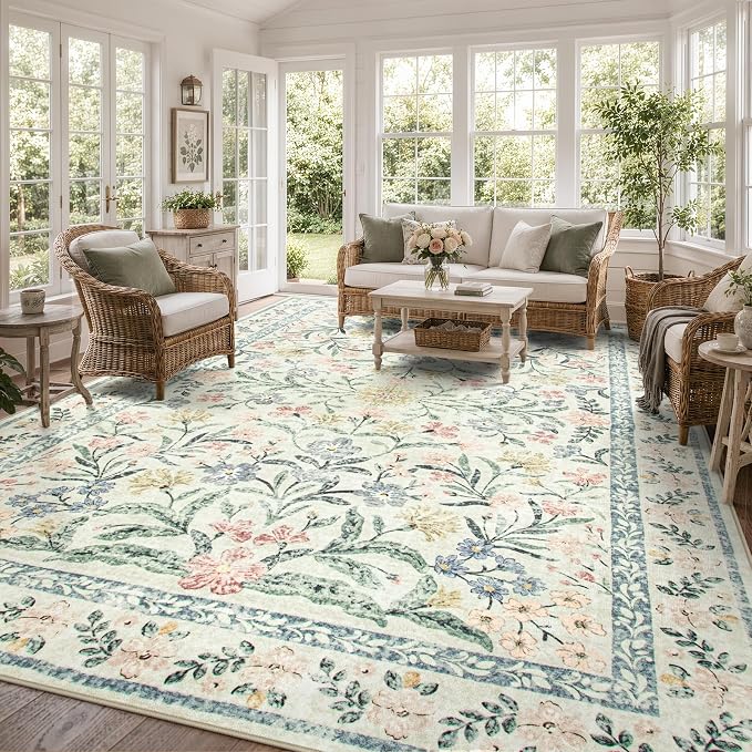 Wonnitar Large Rugs for Living Room, Soft Washable Floral 9x12 Area Rug for Bedroom, Boho Non-Shedding Foldable Carpet for Kids Playroom Apartment Home Decor