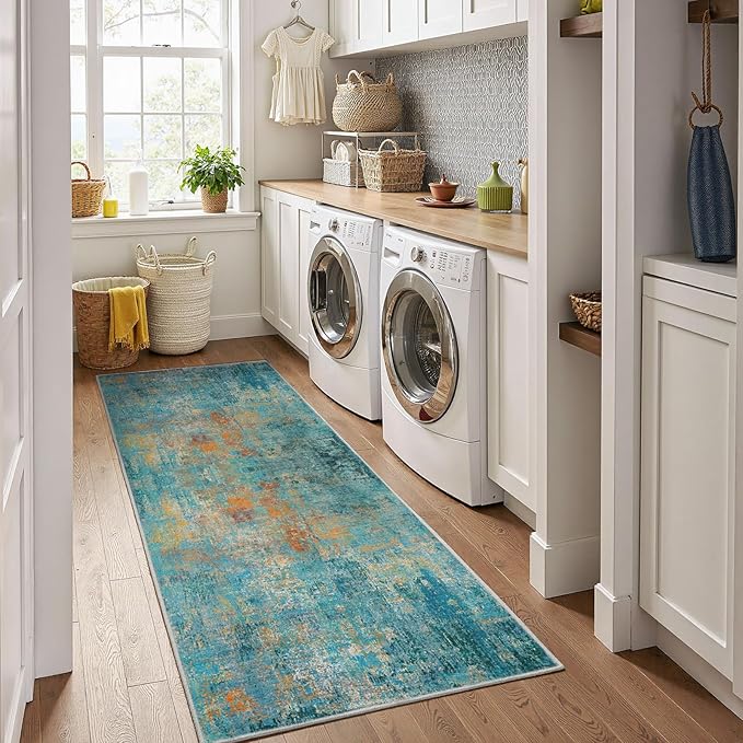 RELEANY Washable Area Rugs 2'x10' Non-Slip Modern Abstract Soft for Living Room Entryway Bedroom Nursery, Print Pattern, Teal Blue Green Orange Rust Red Coloreful