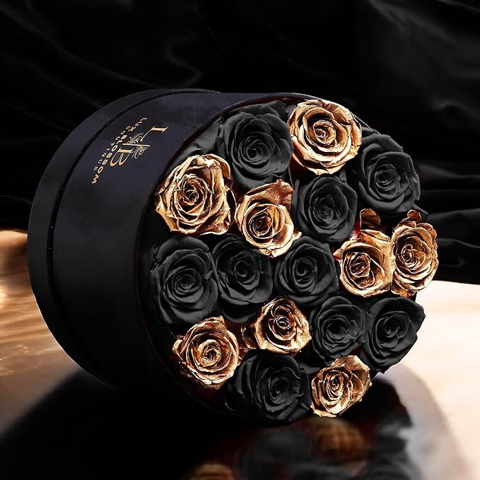 17 Black & Gold Forever Roses, Velvet Box - Luxury Black Roses for Mothers Day, Mothers Day Roses, Gifts for Women, Mother's Day Flowers for Mom, Black Roses for Delivery Prime