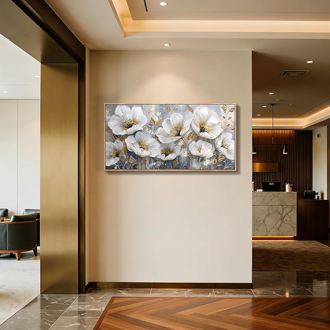 imjiayu Large Wall Decor, Flower Wall Art, Framed Wall Art, Botanical Floral Luxury Paintings, White Gold Modern Wall Decor for Living Room Bedroom Dining Room Hallway Office Picture Prints 24"x48"