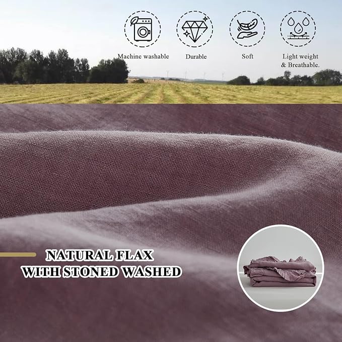 Simple&Opulence 100% Linen Duvet Cover Set, 3 PCS Natural French Flax Purple Ruffle Duvet Cover Queen Size, Breathable Comfy Linen Bedding Comforter Cover with 2 Pillowcases (Purple, 88" X 92")