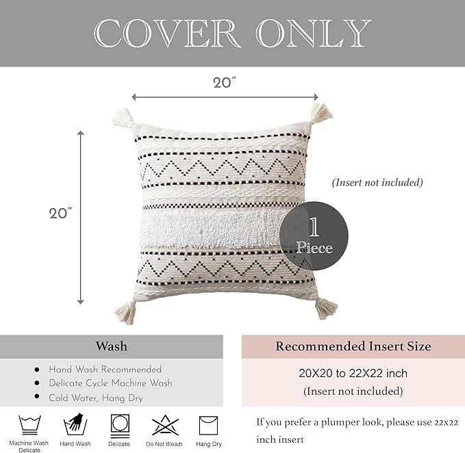 BlissBlush 20X20 Throw Pillow Cover, Cream Neutral Square Decorative Cushion Cover with Black Pattern, Boho Accent Pillowcase with Tufted Details and Tassels for Couch Sofa Living Room (Cover Only)