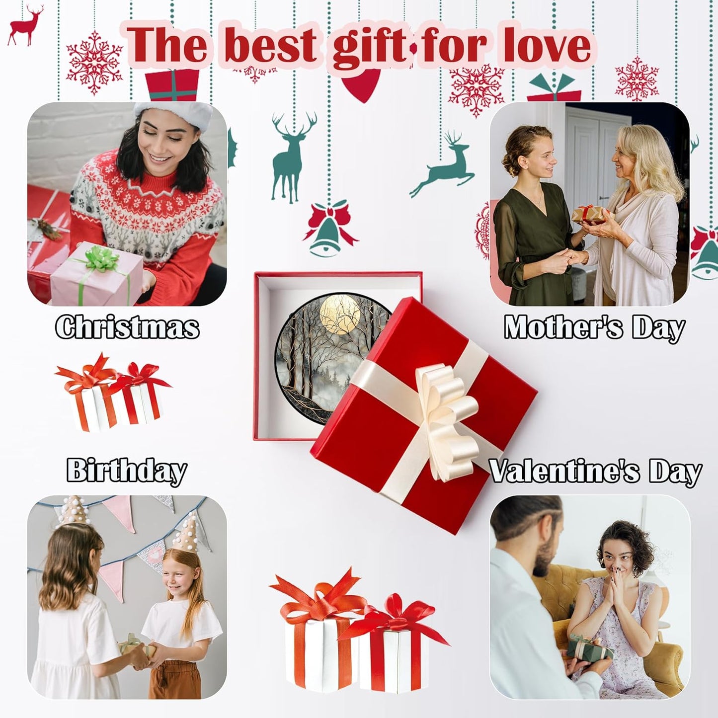 Stained Glass Window Hanging - Black and White Gold Moon Forest Sun Catcher for Door Home Decor Suncatcher Christmas Mother's Day Birthday Gifts for Women Men Lovers Mom Nana 9.8 in