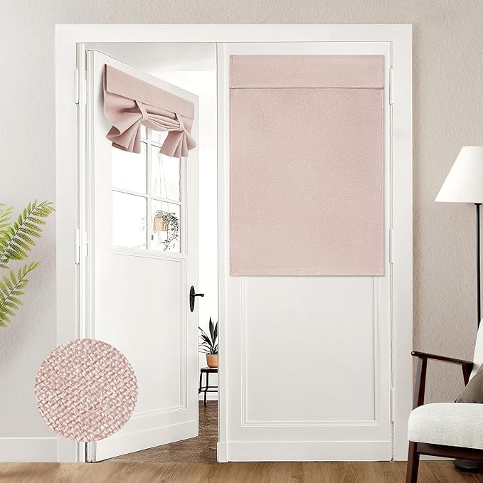 HOMEIDEAS 100% Blush Pink Linen Blackout French Door Curtains, Privacy Door Window Curtains, 34 X 40 Inch Room Darkening Blinds, Thermal Insulated Shades for Bedroom, 1 Panel
