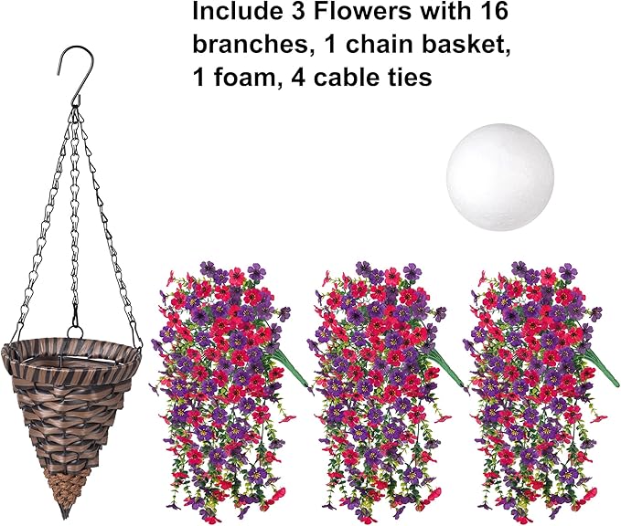 HyeFlora Artificial Hanging Flowers Basket for Outdoor, Fake Flowers Faux Plants Look Real for Yard Gardens Porch Patio Home (Darkpurple+Hotpink)
