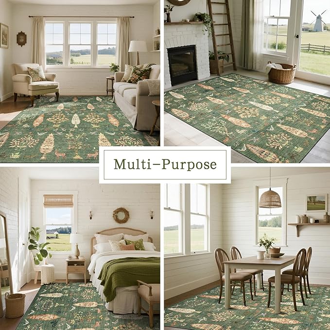 Srugn Washable Rugs 8x10 Area Rugs for Living Room,Bedroom,Dining Room- Large Ultra Soft Faux Wool Retro Carpet,Non Slip&Non-Shedding Low Pile Vintage Print Rug for Home Office Dorm-Grass Green