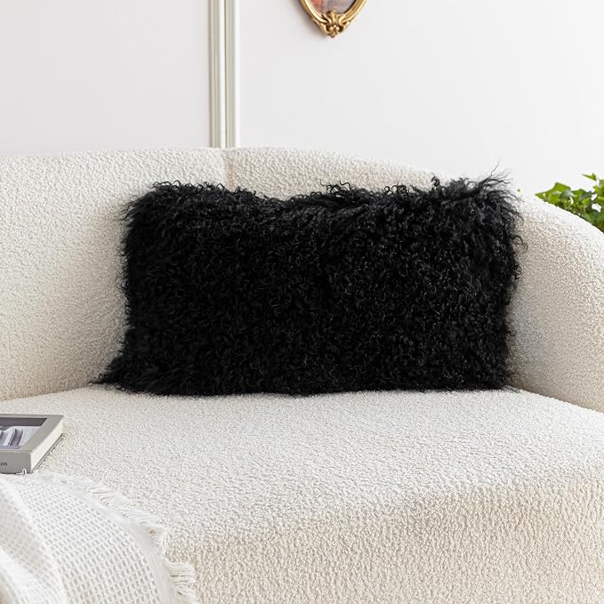 MOOX Mongolian Lamb Fur Pillow Covers Lumbar Throw Sheepskin Pillow Case Genuine Wool Fur Tibetan Accent Living Room Bedroom Decorative Cushion Cover (12 * 20inch Black)