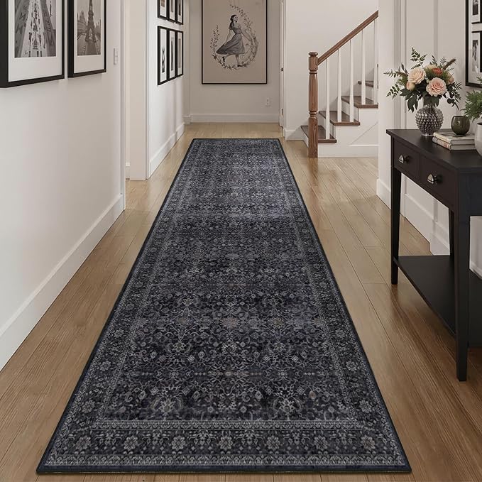 Washable Runner Rug 3x10, Vintage Farmhouse Dark Hallway Runner for Kitchen Floor Non Slip, Low Pile Thin Long Carpet Runner for Entryway Corridor Mudroom Foyer, Midnight