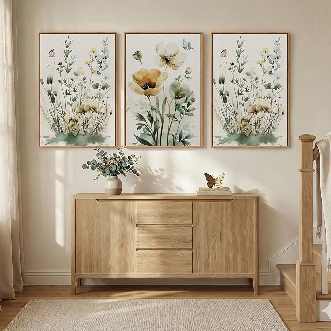 Large Framed Botanical Wall Art for Living Room, 3 Piece Sage Green Boho Floral Canvas Prints Paintings, Modern Farmhouse Watercolor Wildflower Pictures for Bedroom Dining Room Wall Decor, 24x36 Inch