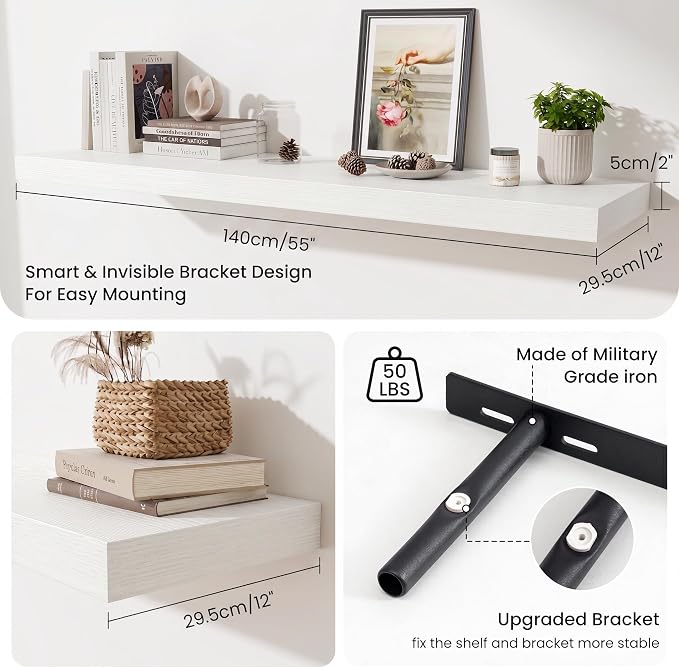 Fun Memories 55 Inch Floating Shelves for Wall - 12 Inch Deep Fireplace Mantel Shelf - Wood Floating Shelf for Wall - Large Storage Shelves Wall Mount for Living Room & Bedroom - White - Set of 2
