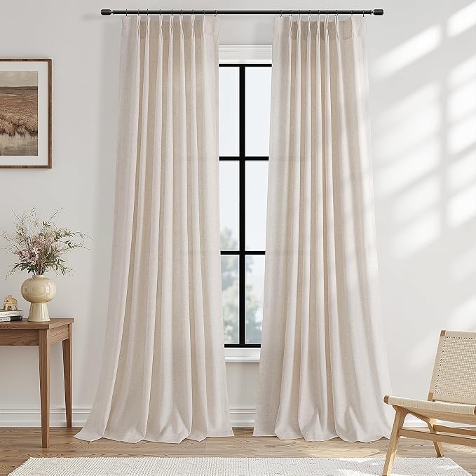Birch Beige Pinch Pleated Linen Curtains 84 Inch Length 2 Panels Set for Living Room Bedroom Vintage Neutral Window Privacy Light Filtering Semi Sheer Back Tab Drapes with Hooks for Dining Room 40x84