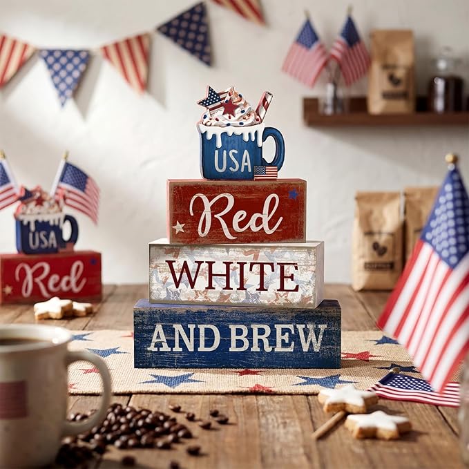 CroBlissful 4 Pcs 4th of July Decorations Patriotic Memorial Day Tabletop Decoration Red White Blue Table Centerpieces USA Coffee Sign for Office Tiered Tray Home Shelf 250th Anniversary