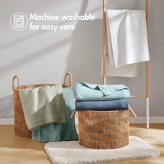 Madison Park 100% Egyptian Cotton Lightweight Summer Blanket, Breathable Waffle Knit Design, Soft Cozy All-Season Throw for Bed, Couch or Sofa, Sage Green Full/Queen Size (90"x90")