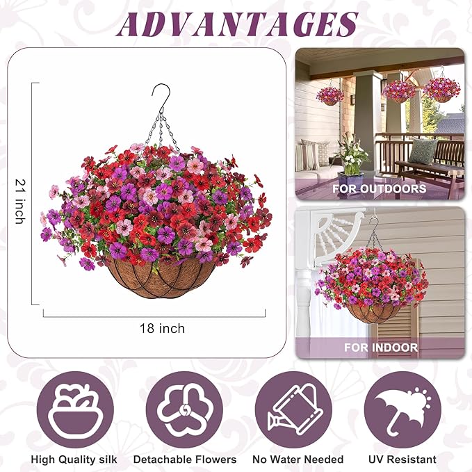 INXUGAO Artificial Silk Flowers Hanging Baskets Outdoors Indoors, Fake Daisy with Eucalyptus Leaves Arrangement for Garden Yard Spring Summer Decor Faux Green Plant(Red Brown Purple Pink)