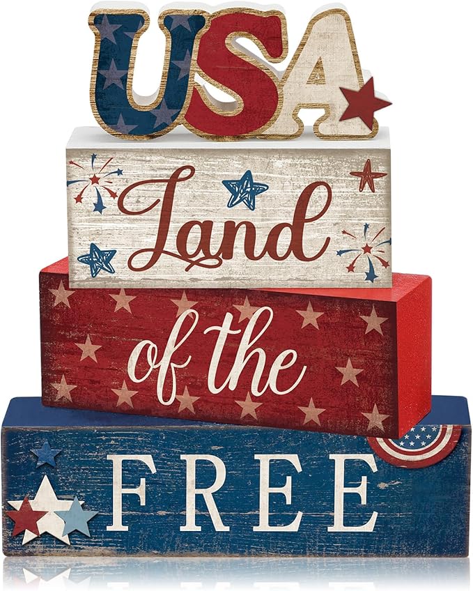 CroBlissful 4 Pcs 4th of July Decorations Patriotic Memorial Day Tabletop Decorations Red White Blue Table Centerpieces Sign for Office Tiered Tray Home Shelf 250th Anniversary(Independence Day Usa)