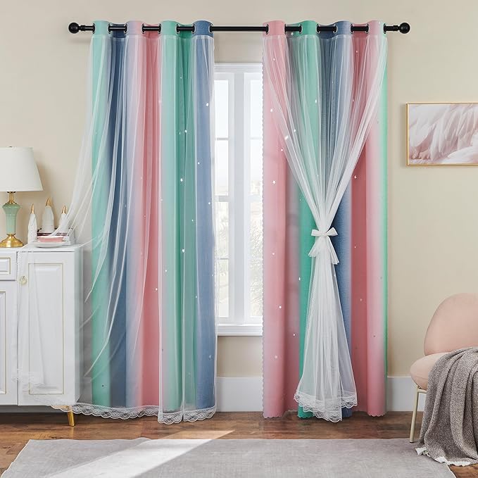 XiDi Pink Grey Green Girls Curtains for Bedroom Rainbow Blackout Short Curtains for Kitchen Cafe Window Room Darkening Kids Childs Nurser Room Wall Decor 45 inches Long 34 inches Wide 2 Panels Set