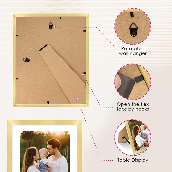 FIXSMITH 8x10 Picture Frame Set of 2, Gold Picture Frames Collage for Tabletop or Wall Display, Photo Frame with HD Plexiglass, Display Pictures 5x7 with Mat or 8x10 Without Mat (Pack of 2)