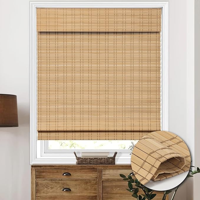 Cordless Bamboo Roman Shades, Light Filtering Bamboo Shades Blinds Window Treatment Roll Up Blind for Windows, 26" W x 64" H, Natural