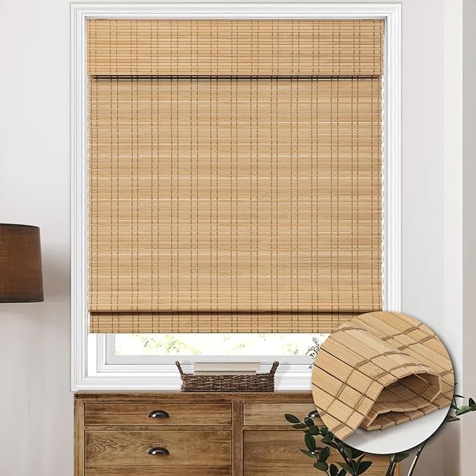 Cordless Bamboo Roman Shades, Light Filtering Bamboo Shades Blinds Window Treatment Roll Up Blind for Windows, 27" W x 64" H, Natural