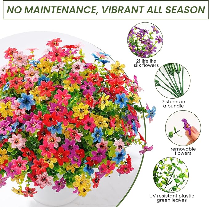 SHareconn 48 Bundles Artificial Flowers for Outdoors Spring Decoration, Fake Silk Realistic Faux Plants UV Resistant for Outside Planter Porch Patio Summer Indoor Decor, RedRose PurpleYellowPinkBlue