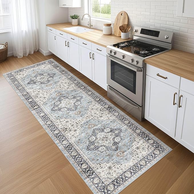 Runner Rug Kitchen Washable Rugs: 3x8 Non-Slip Boho Vintage Distressed Stain Resistant Indoor Neutral Farmhouse Throw Carpet for Hallway Bathroom Laundry Room Entryway Bedroom- Blue Tan