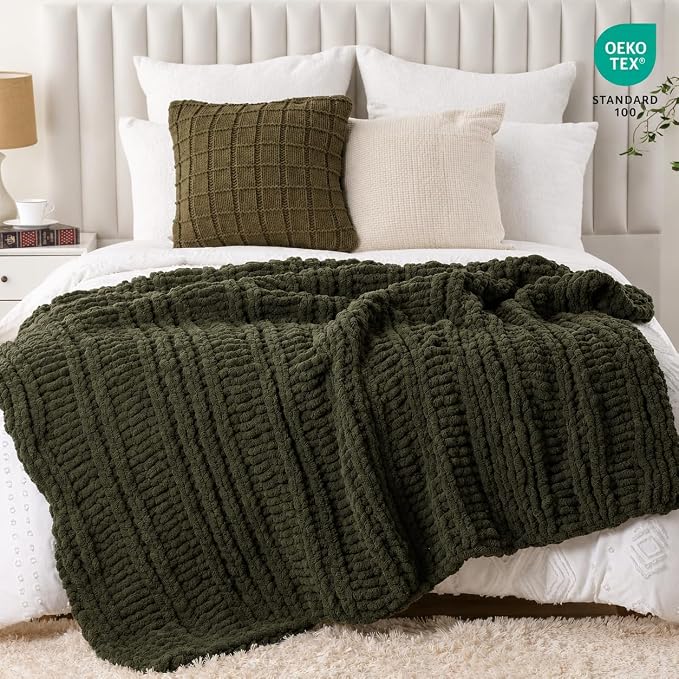 Battilo Chunky Knit Throw Blanket for Couch, 50"x60", Olive Green | Hand Knit, Gift Blanket, Cozy Warm Thick Soft Chenille Throw Blanket for Bed, Sofa, Living Room