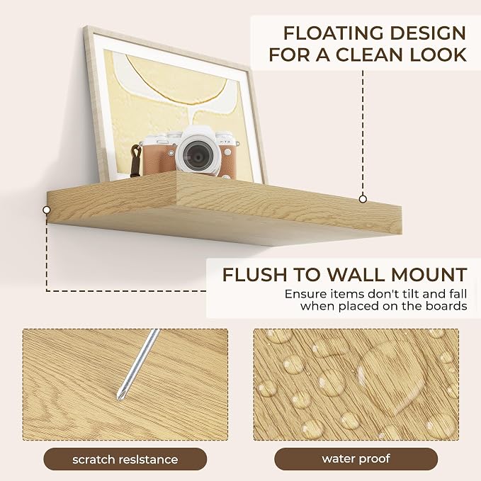 RICHFOCUS 16Inch Floating Shelves for Wall 2 Pack Shelves for Bedroom|Kitchen|Bathroom Wall Mounted Rustic Wood Floating Shelf with Invisible Brackets for Books|Storage|Decor, Oak