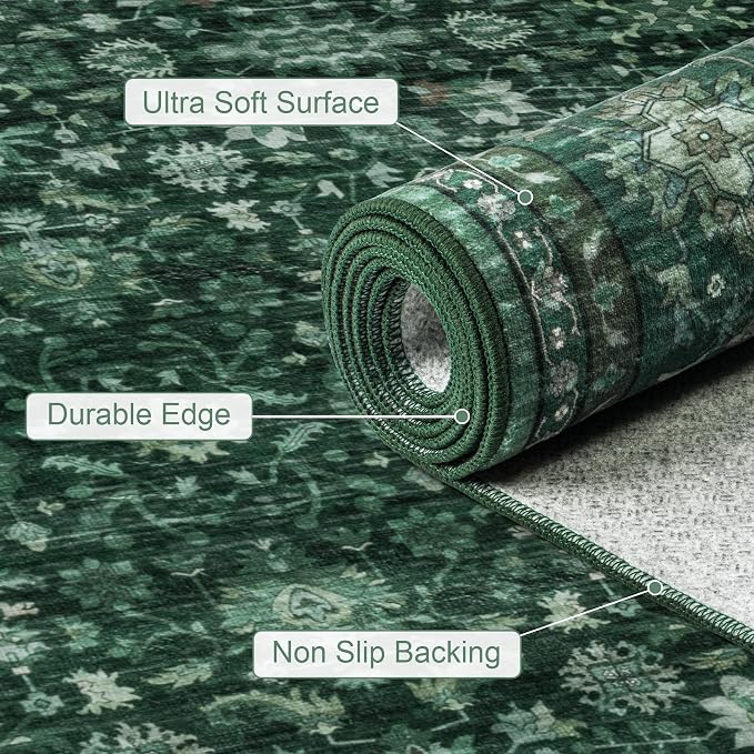 Area Rugs 10x12 Living Room Rug: Washable Rug Soft Vintage Distressed Floral Carpet Indoor Non-Slip Stain Resistant Large Carpets for Bedroom Dining Room Farmhouse Nursery Home Office Deep Green