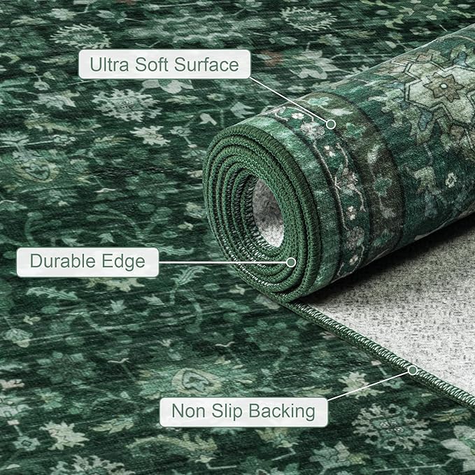 3x5 Area Rugs Living Room Rug: Washable Vintage Distressed Floral Rug No Slip Stain Resistant Soft Carpet Indoor Large Carpets for Bedroom Dining Room Farmhouse Nursery Home Office Deep Green