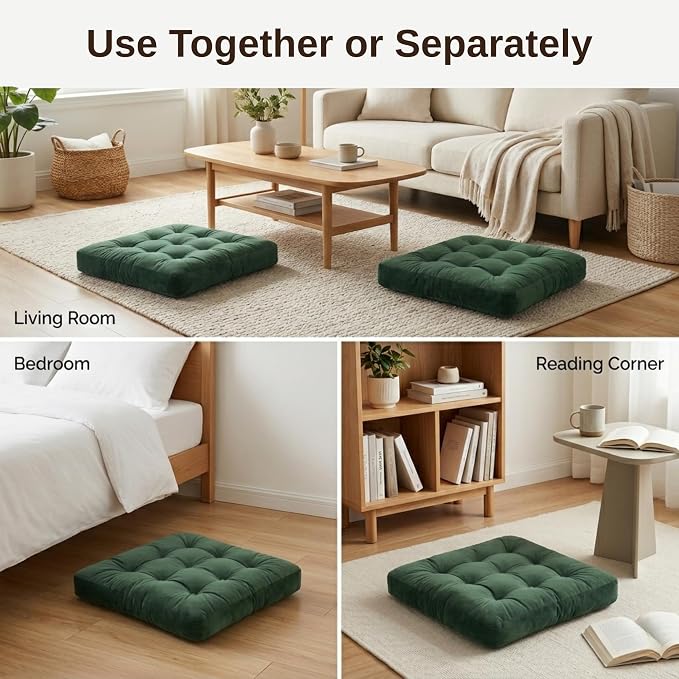 Floor Pillows for Adults Set of 2, Soft Velvet Floor Cushions for Sitting, Square Tufted Floor Pillow Set for Reading Nook, Living Room, Bedroom, 22 x 22 Inch, Green