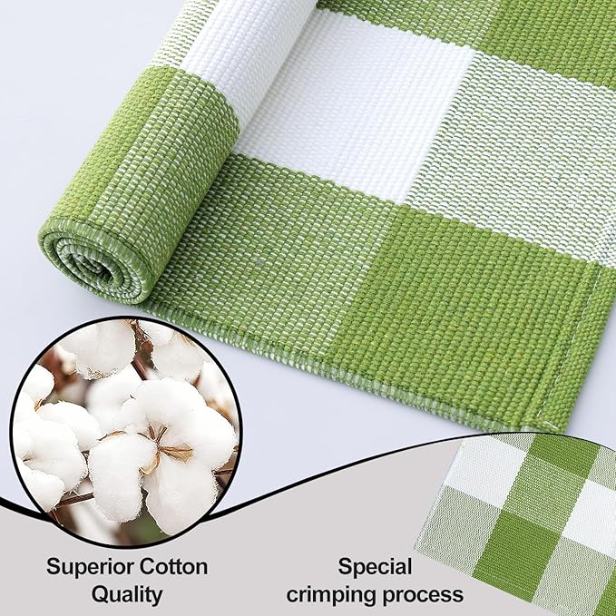 OLANLY Buffalo Plaid Rug 3' x 5' – Green and White Cotton Checkered Doormat, Washable Indoor Outdoor Rug for Layered Front Porch, Kitchen, Entryway Decor